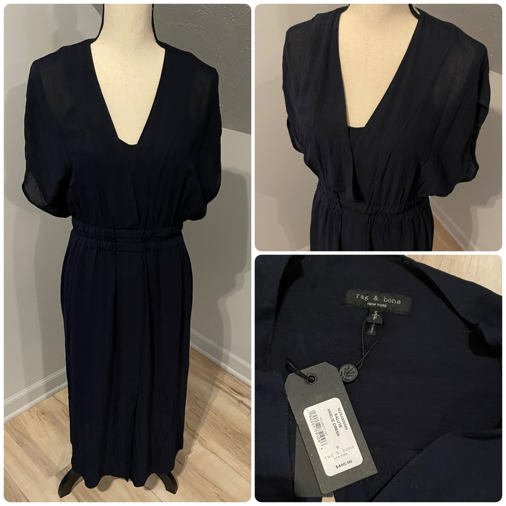 Rag&Bone Amelie Midi Dress Size S V Neck Elastic Waist Draped Sleeve Lined Crepe
